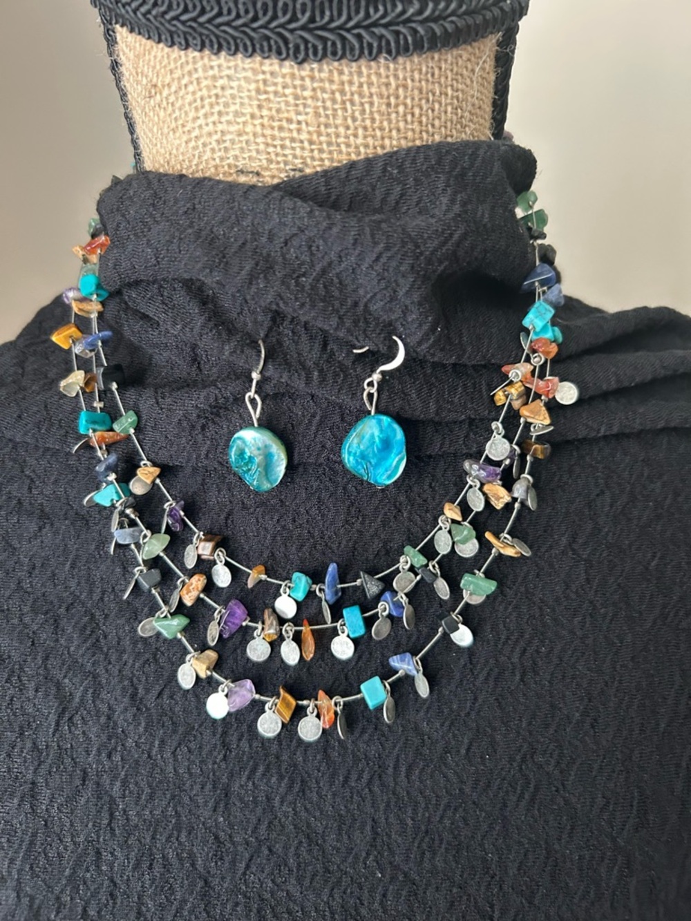 Multicolor Gemstone Layered Necklace with Turquoise Drop Earrings